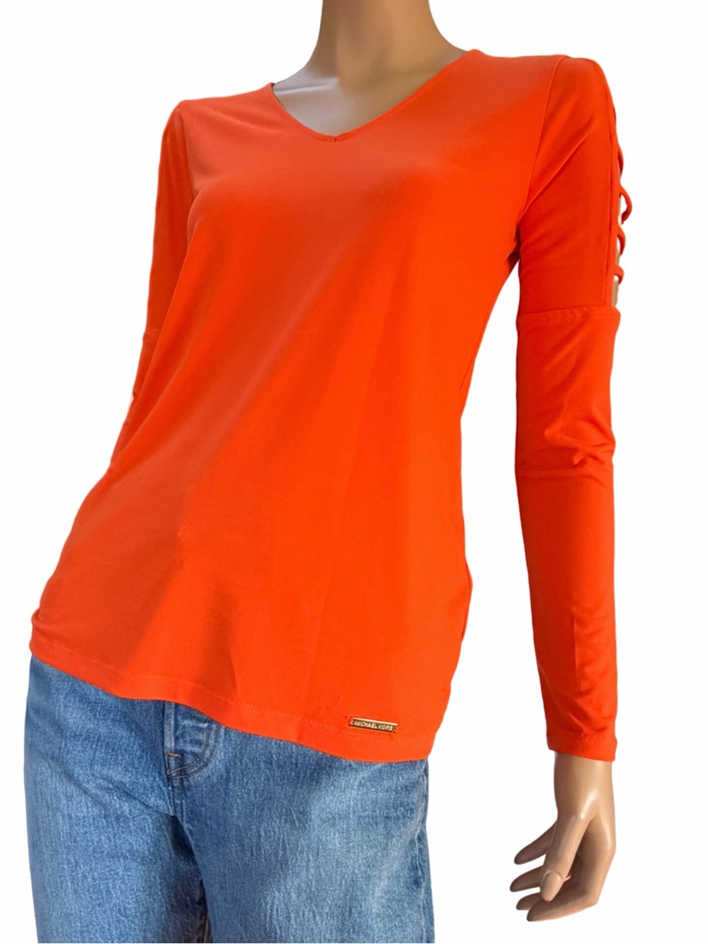 MICHAEL Michael Kors Orange V-Neck Ladder Sleeve Top XS